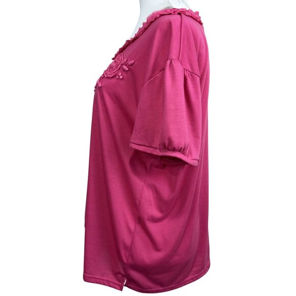 NEW Women Pink Short Sleeve Blouse Floral Cotton Ruffle Boho Romantic Casual Top - Picture 3 of 6